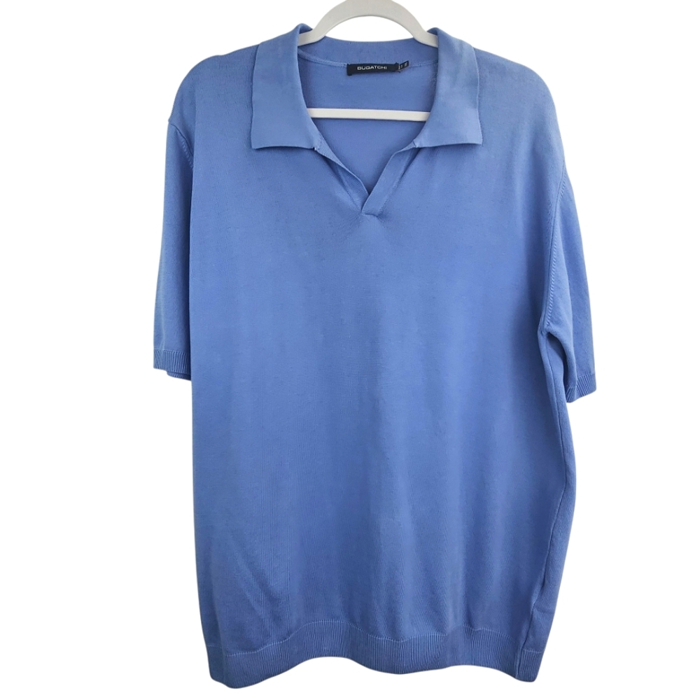 Bugatchi Men's Soft Blue Cotton Collar V-Neck Short Sleeve Sweater Polo